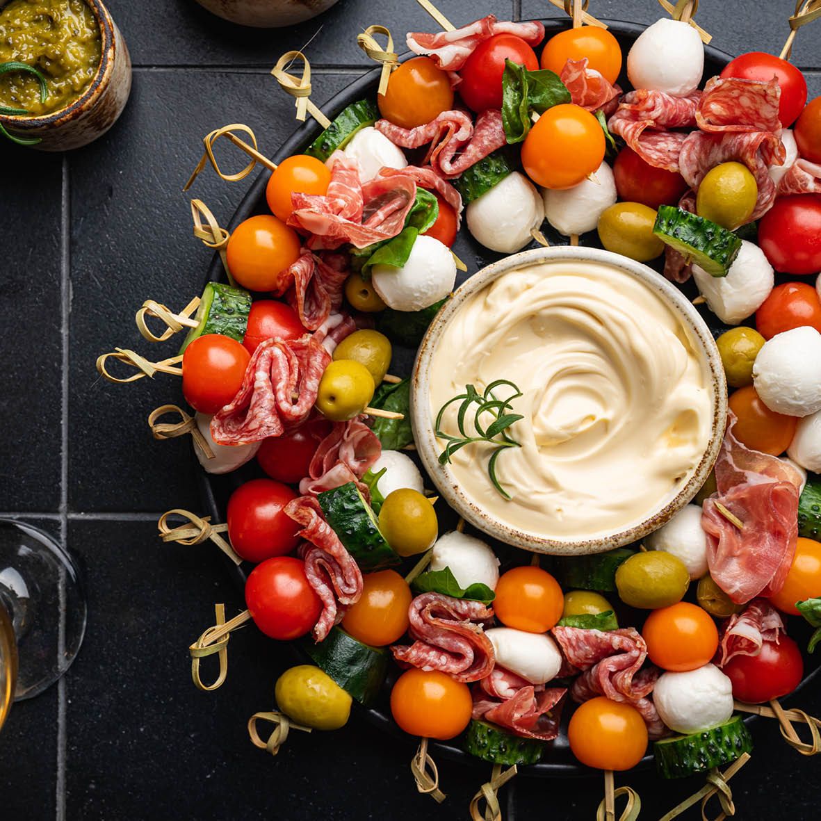 Antipasto Skewers with Creamy Artichoke Dip