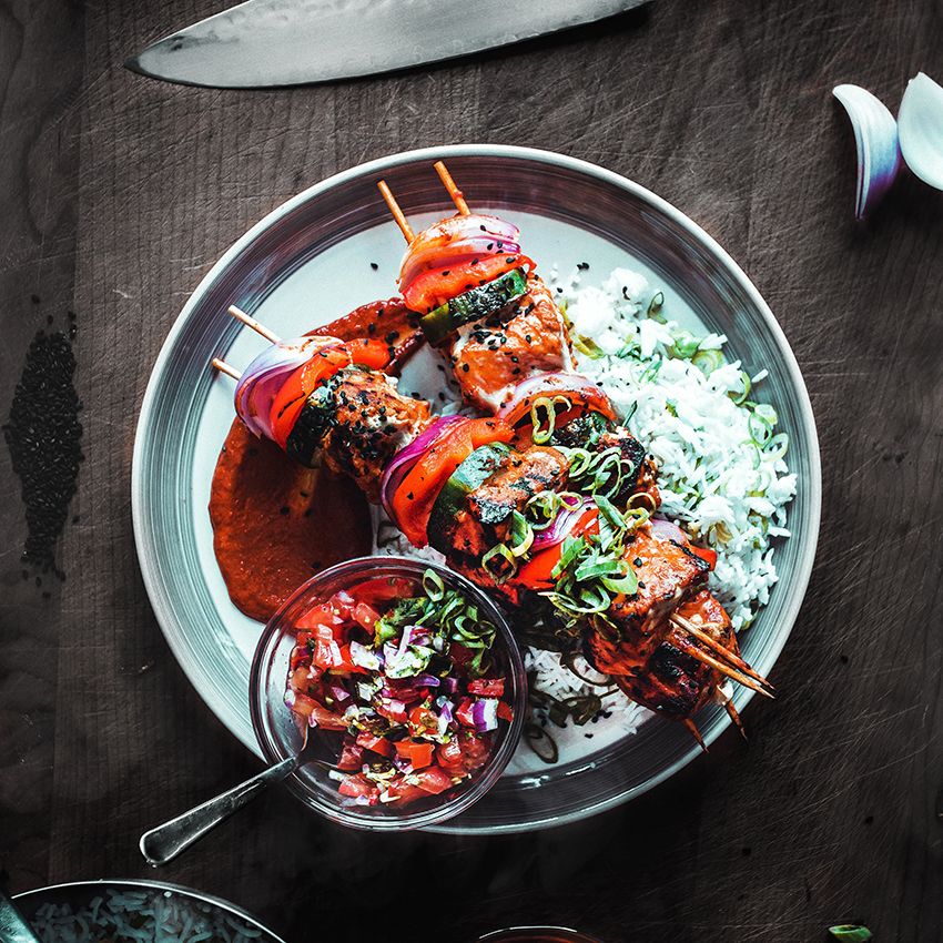 Sticky Chicken Skewer Rice Bowls - Serving Dumplings