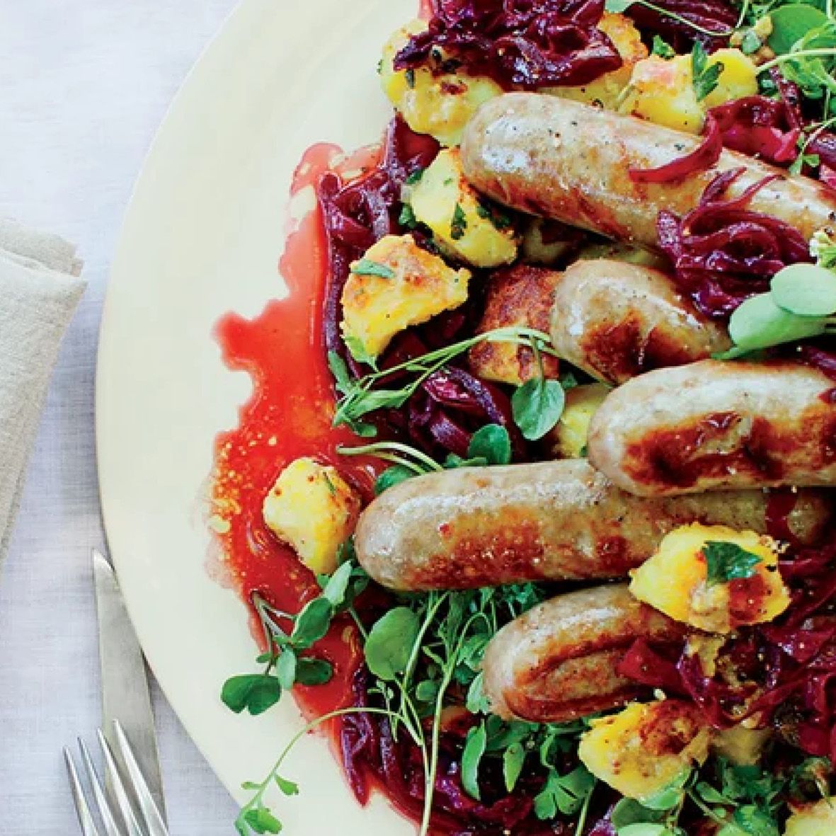 Bratwurst with mustardy fried potatoes and braised cabbage.jpg