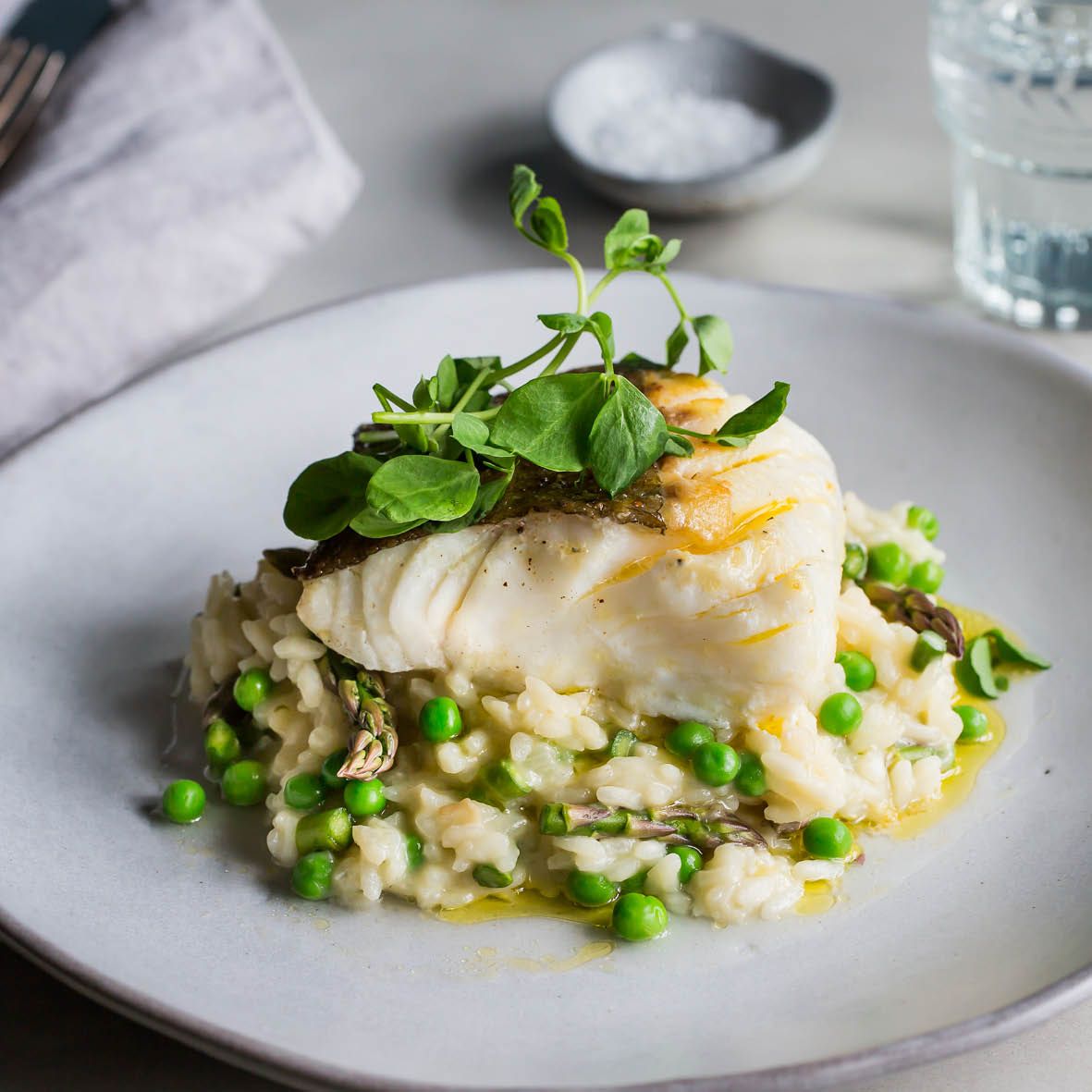 Pan-Seared Halibut With Avocado Risotto