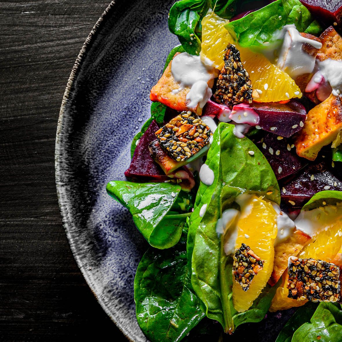 Beet, Orange and Spinach Salad with Sesame Crusted Tofu