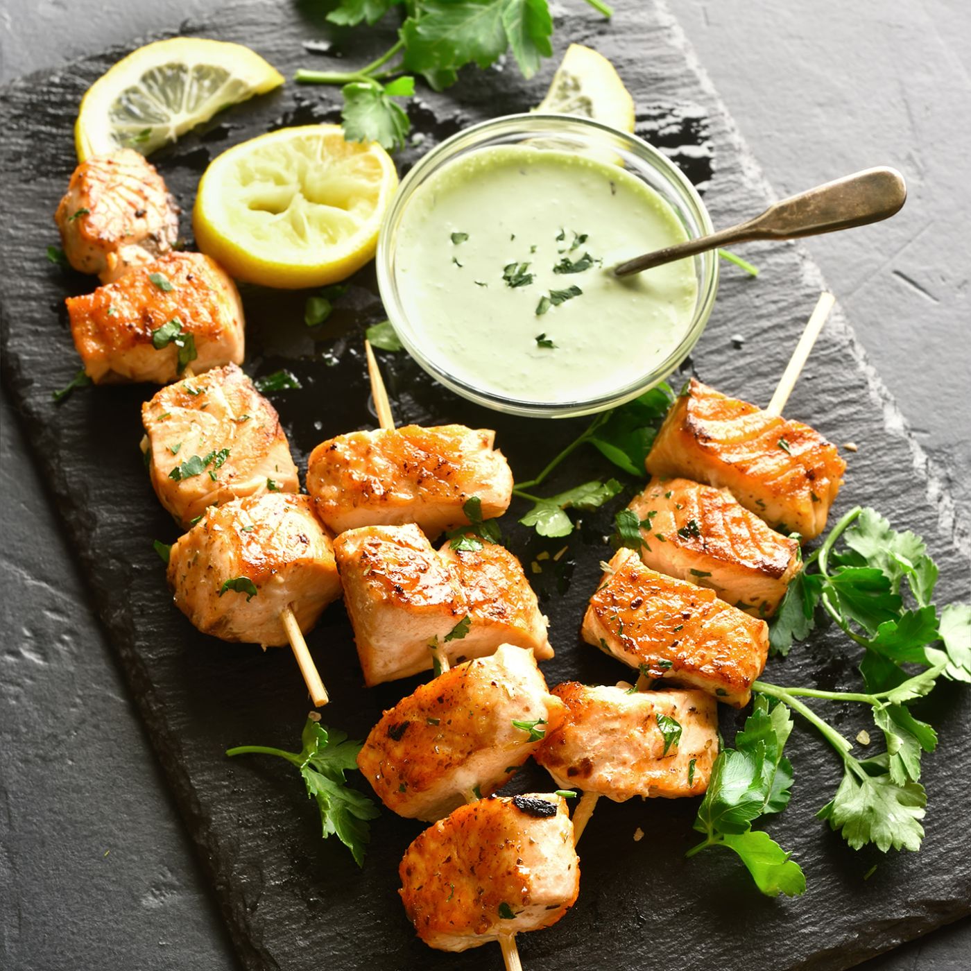 Moroccan spiced salmon kebabs & vegetable skewers