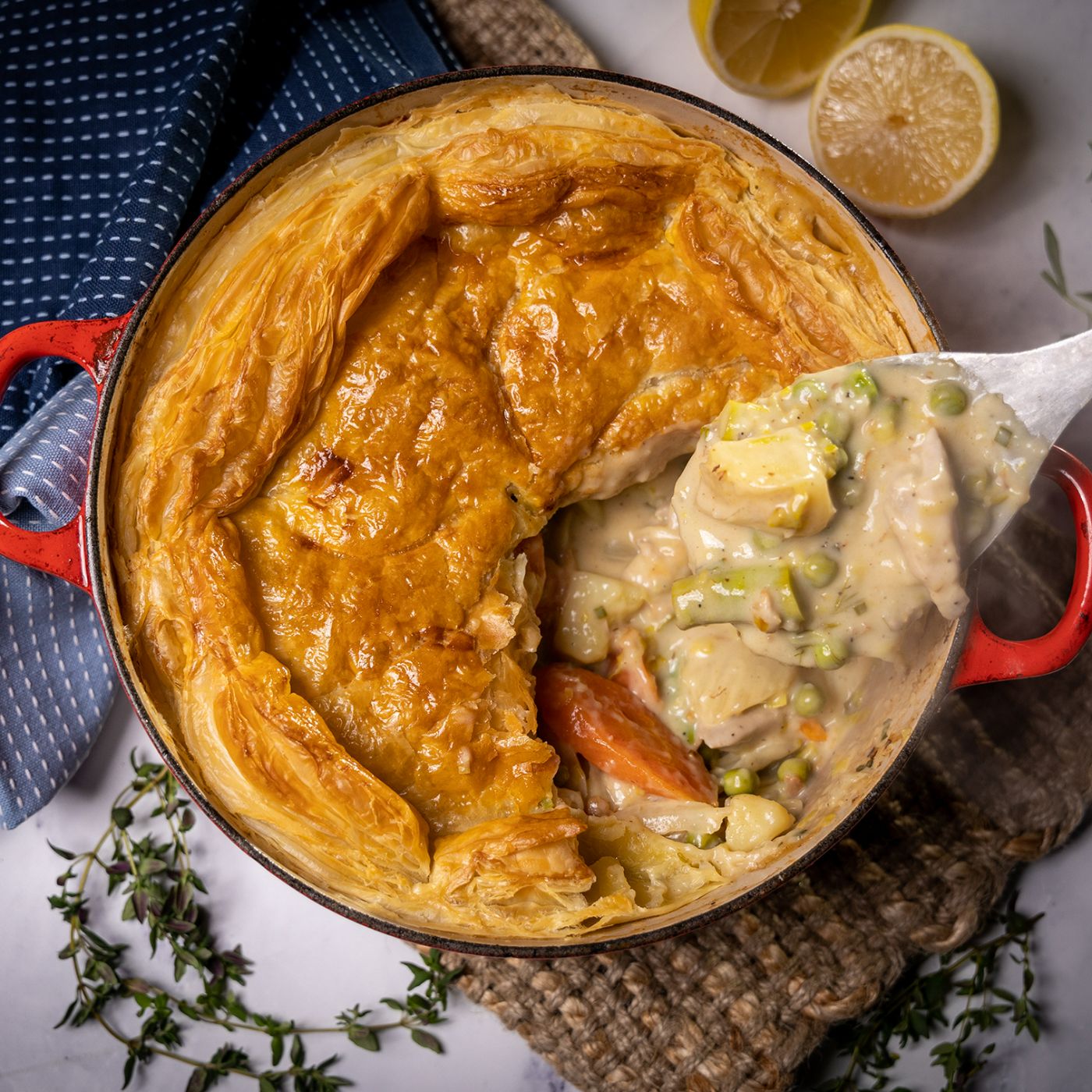 Chicken “Pot Pie” Penne With Carrots, Sweet Peas, and Thyme