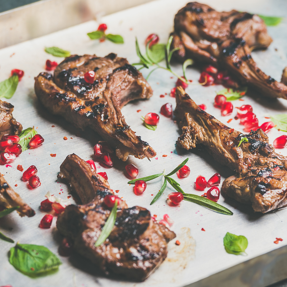 Dukkah crusted lamb chops with mint and pomegranate salad