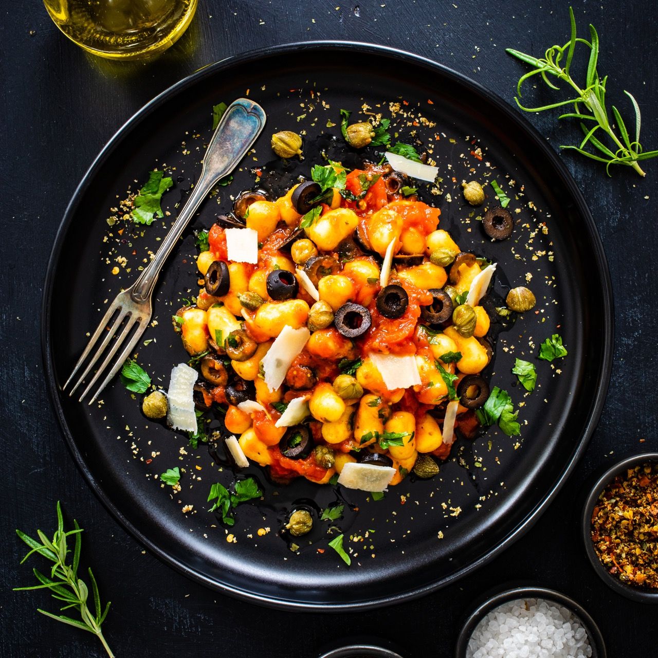 Gnocchi-puttanesca---gnocchi-with-tomato-sauce,-anchovies,-chili,-capers-and-olives-on-wooden-black-table-1337194222_4480x6720 square Large.jpeg