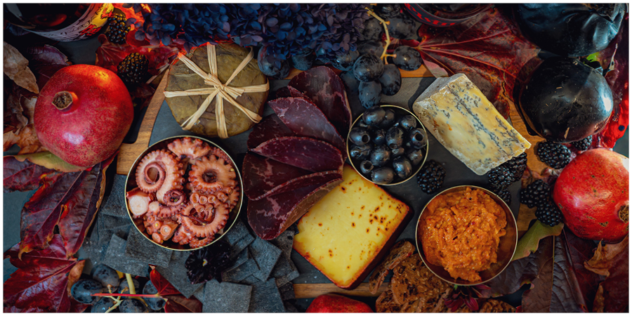 Create your own Winter Feast platter with local cheeses, pickled octopus, charcoal crackers, black olives from Hill Street Create your own Winter Feast platter with things red and black waxed cheddars, pickled octopus, charcoal crackers, black olives from Hill Street