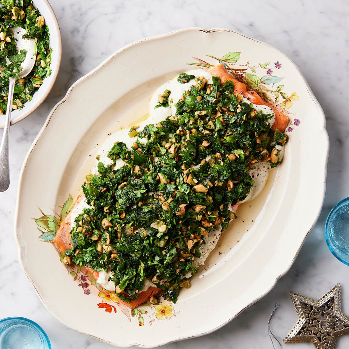 Baked Salmon with Tahini, Yoghurt and Herbs