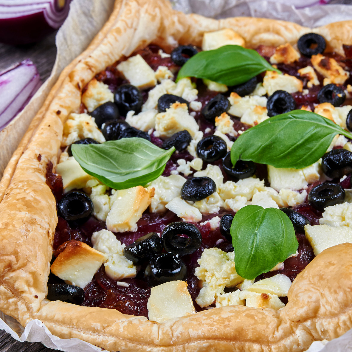 baked ricotta caramelised red onion prosciutto and blueberry tart.jpg