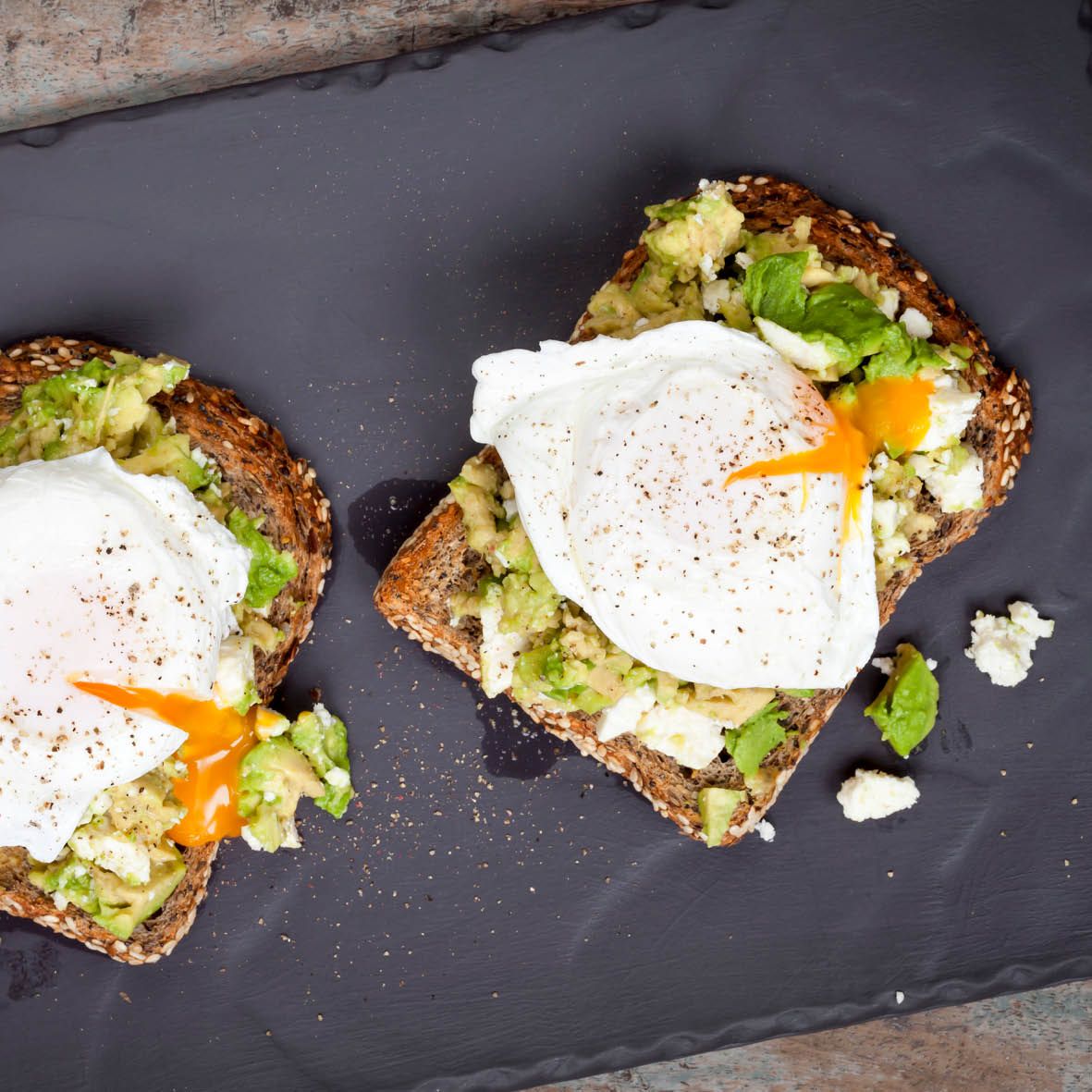 Avocado and Feta Smash on Rye with Poached Eggs and Balsamic Glaze Recipe