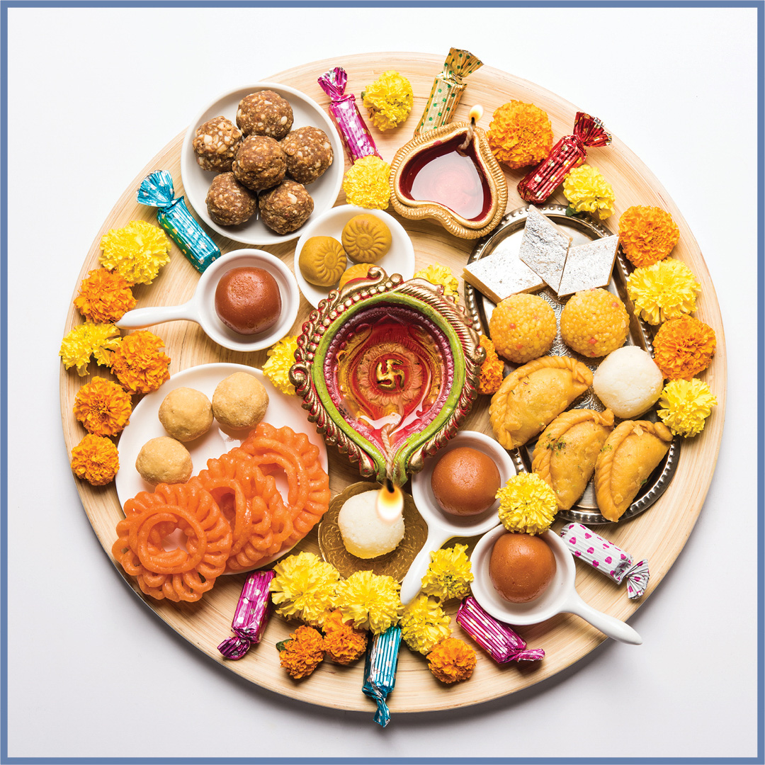 During Diwali sweets are offered first to the Goddess Lakshmi Devi, then distributed as prasad or ‘holy food.’