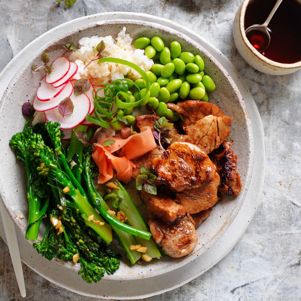 Sticky Chicken Skewer Rice Bowls - Serving Dumplings